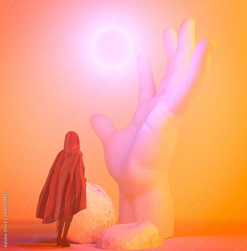 Fantasy landscape, sci-fi, post apocalyptic. Statue of a hand sticking out of the ground and a hooded girl looking at it. Sphere of alien force energy, luminous globe. Ruins. 3d render
 - obrazy, fototapety, plakaty 