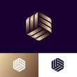 Abstract logo. Three golden ribbons, intertwined elements, infinity, looping, rotation, solid figure. Monogram for business, internet, online shop, label or packaging.