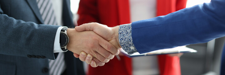 Wall Mural - Business people shaking hands in office closeup