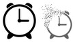 Dissolved dotted alarm clock vector icon with destruction effect, and original vector image. Pixel destruction effect for alarm clock demonstrates speed and motion of cyberspace matter.