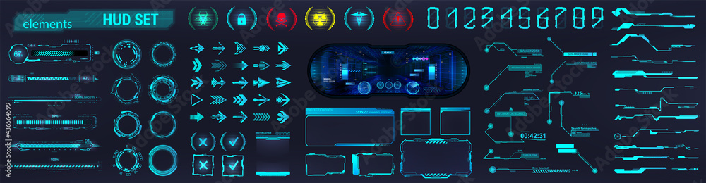 Blue HUD and Sci-fi UI collection elements - Futuristic circle, Frames, Callouts titles, loading bars, arrows, holograms VR, icons, bar labels and lines. HUD collection for UI, UX, GUI design. Vector - obrazy, fototapety, plakaty 