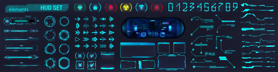 Wall Mural - Blue HUD and Sci-fi UI collection elements - Futuristic circle, Frames, Callouts titles, loading bars, arrows, holograms VR, icons, bar labels and lines. HUD collection for UI, UX, GUI design. Vector