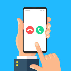 Poster - Phone call. Hand holding mobile phone with accept and decline call buttons on screen. Smartphone and incoming call. Modern vector illustration