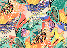 Pattern Of A Tropical Artwork, With Multicolored Hand Drawn Elements And Funny Background