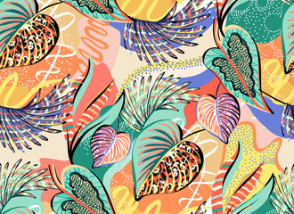 pattern of a tropical artwork, with multicolored hand drawn elements and funny background