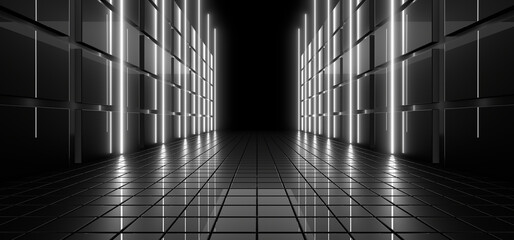 Poster - A dark tunnel lit by white neon lights. Reflections on the floor and walls. 3d rendering image.