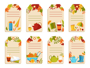 Wall Mural - Autumn paper price tags hand drawn cartoon set. Rural gift tags flat rustic fall leave, book and coffee, umbrella, doodle cup drink sticker collection. Autumn labels clip art sale shopping vector
