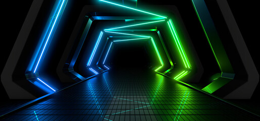 Wall Mural - Sci Fy neon lamps in a dark corridor. Reflections on the floor and walls. 3d rendering image.