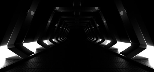 Wall Mural - A dark tunnel lit by white neon lights. Reflections on the floor and walls. 3d rendering image.