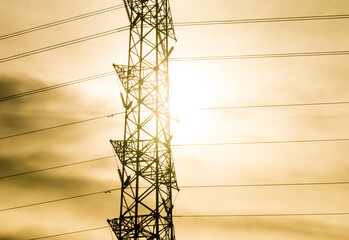 High voltage electric post with sunlight in The morning, Chiangmai Thailand