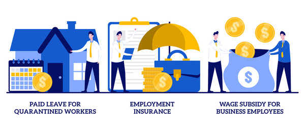 Poster - Paid leave, employment insurance, wage subsidy for business employee concept with tiny people. Governmental support for quarantined worker vector illustration set. Sickness benefits support metaphor