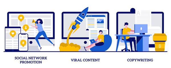 Poster - Social network promotion, viral content, copywriting concept with tiny people. Digital marketing types abstract vector illustration set. SMM, influencer online advertising metaphor