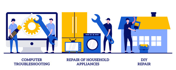 Poster - Computer troubleshooting, DIY repair of household appliances concept with tiny people. Repair and maintenance services abstract vector illustration set. Warranty, video tutorial, problem fix metaphor