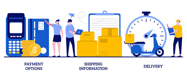 Poster - Payment options, shipping information, delivery concept with tiny people. Online shopping abstract vector illustration set. Internet store purchase e paying, order shipment metaphor