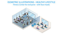 Health And Fitness Club Isometric. Post Covid With Protective Mask.