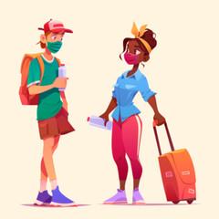 Tourists talk together. Man and woman in medical masks meet in travel. Two friends or couple with luggage go in journey. Vector cartoon illustration of people with backpack and suitcase keep distance