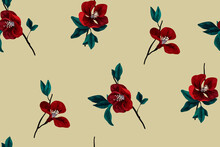 Seamless Pattern With Small Sprigs Of Quince. Vintage Floral Background With Red Flowers On A Branch. Vector Illustration.