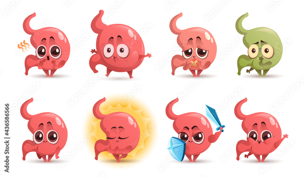 Cartoon stomach character, cute mascot with sword and shield, ulcer, stomachache, nausea and belching, Funny tummy swollen and hungry, relaxed meditating. Health care and medicine Vector icons set - obrazy, fototapety, plakaty 