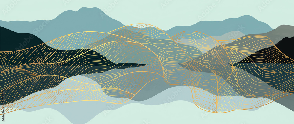 Mountain and gold line art abstract background vector. Luxury wallpaper design for wall art and home decoration background, canvas prints, banner, Natural wallpaper and fabric.  - obrazy, fototapety, plakaty 
