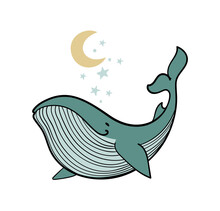 Colored whale with stars and moon, linear hand drawing in boho design. Bohemian nursery print, mystical illustration isolated on white background.