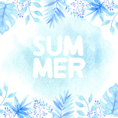 cute watercolor summer banner with blue leaves