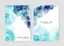 Abstract Brochure A4 Cover Layout With Gradient Of Blue Alcohol Ink Texture, Original Background For Print Materials, Booklet Template Design For Business, Watercolor Texture, Gold Elements, Bubbles