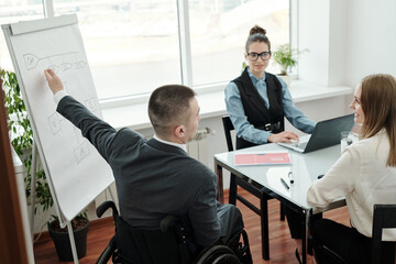 Poster - Confident business coach pointing at strategy scheme on whiteboard