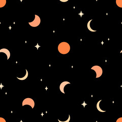Wall Mural - seamless pattern with moon phases on black background. bohemian art. vector illustration. trendy tex