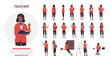 © Flash Vector - African american black teacher woman poses vector illustration set. Cartoon smiling female school teacher character posing work pupils students, teaching postures lecture lesson collection isolated