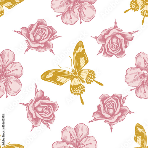 Dekoracja na wymiar  wzor-z-recznie-rysowane-pastelowe-sakura-papilio-torquatus-roze