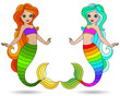 Set of illustrations in stained glass style with mermaid girls, isolated on a white background