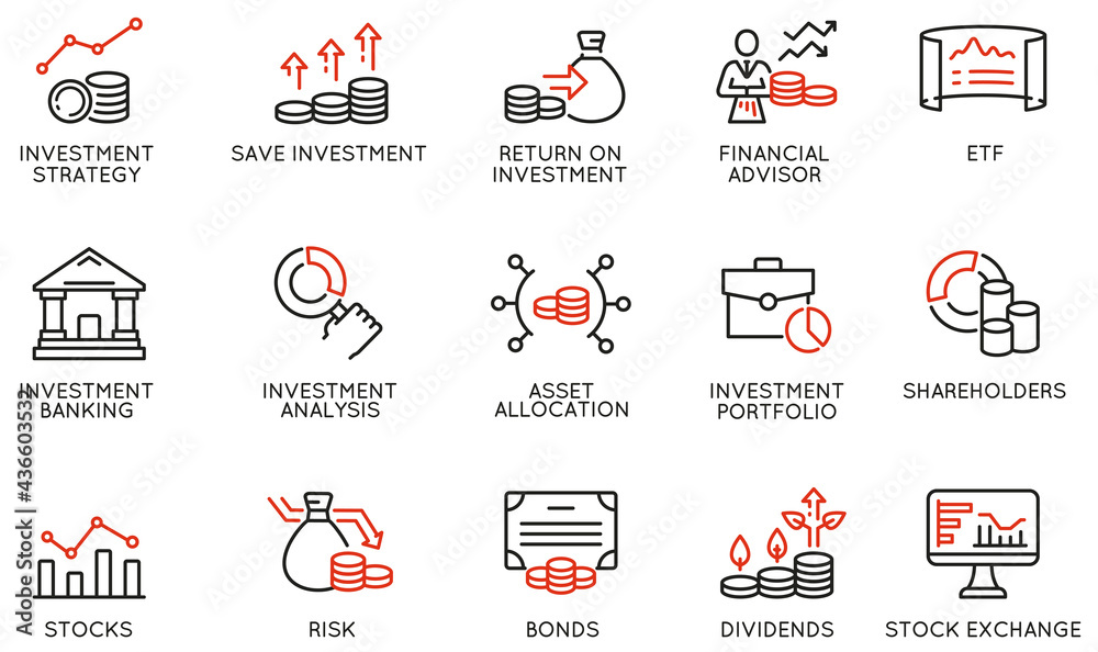 Vector Set of Linear Icons Related to investment strategy, trade ...
