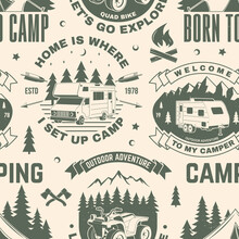 Summer Camp Seamless Pattern Or Background. Vector Seamless Scene With Quad Bike, Tent, Mountain, Camper Trailer And Forest Silhouette. Outdoor Adventure Background For Wallpaper Or Wrapper.