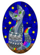 Illustration in the style of stained glass with a bright rainbow cat on the roof against the background of the starry night sky, a rectangular image in a bright frame