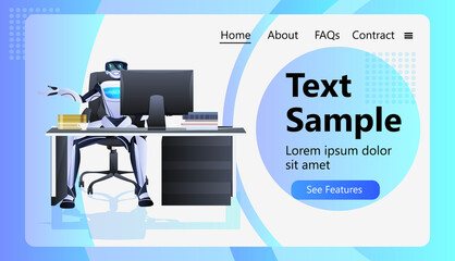 Poster - robot sitting at workplace robotic businessperson working in office artificial intelligence technolo