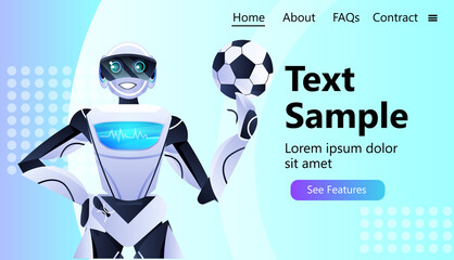 Poster - robot soccer player holding ball modern robotic character artificial intelligence technology concept