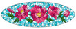 Illustration in the style of stained glass with a composition of pink poppies on a blue background, horizontal orientation oval image