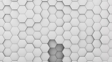 Poster - Loop 3d animation of the geometric background of hexagons that randomly move. The white sphere descends over the cells that appear in the hexagons. Abstract 3d background.