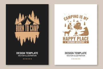 Wall Mural - set of camping template. vector. flyer, brochure, banner, poster design with campfire, bear, dog, gi