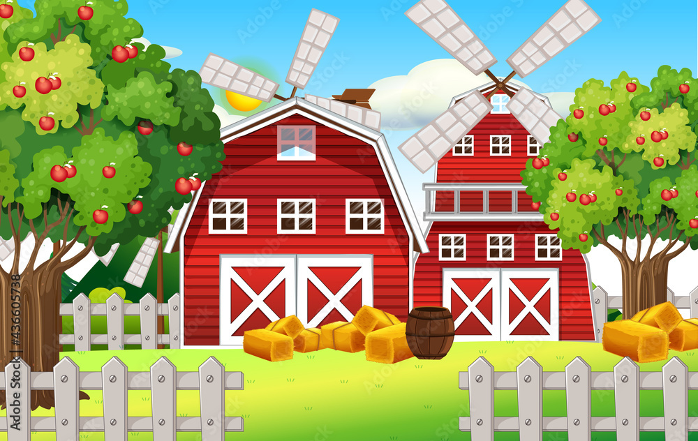 Farm scene with red barn and windmill - obrazy, fototapety, plakaty 