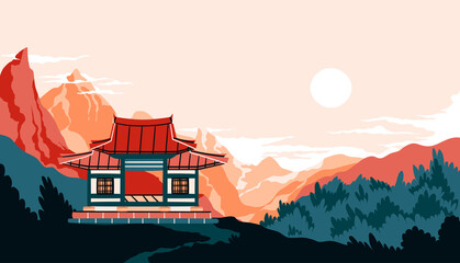 Wall Mural - Traditional Asian house flat cartoon illustration. Korean landscape banner design. Hanok building background.