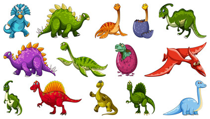 Wall Mural - Set of different dinosaur cartoon character isolated on white background