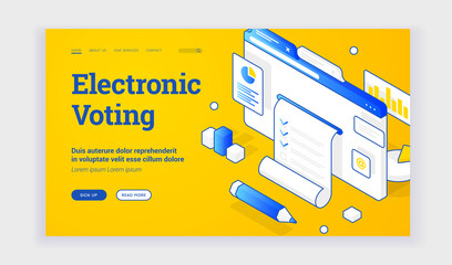 Poster - Vector illustration of website with ballot depicted near description and link button on banner for convenient electronic voting service. Isometric web banner, landing page template