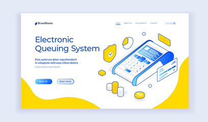 Poster - Modern vector template of web page with terminal and money icons on white background with space for text about electronic queuing system. Isometric web banner, landing page template