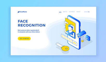 Vector illustration of contemporary smartphone with modern face recognition application and password on banner for device security service website. Isometric web banner, landing page template