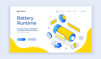 Poster - Blue graphic elements of battery and graphs on front page of web page offering to learn more about battery runtime. Isometric web banner, landing page template