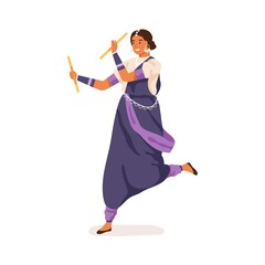 Wall Mural - Young Indian woman performing traditional folk dance with sticks. Garba dancer dancing in ethnic clothes. Colored flat vector illustration of happy hindu lady isolated on white background