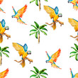 Watercolor drawing of exotic parrot seamless pattern.