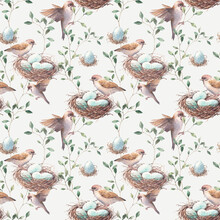 Watercolor Seamless Pattern With Nest, Birds And Tree Twigs. Repeating Hand Drawn Spring Background. Vintage Wallpaper With Sparrow And Eggs