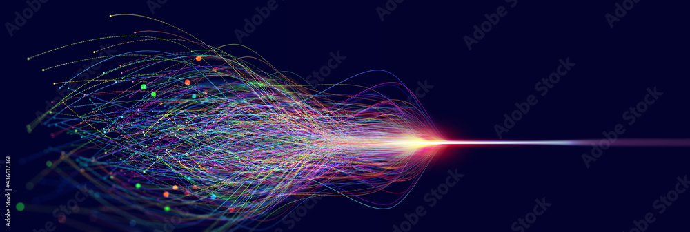 Data flow, informational infinity. Concept of AI technology, digital, communication, 5G, science. Lines wavy flowing. 3d illustration of big data digital funnel - obrazy, fototapety, plakaty 